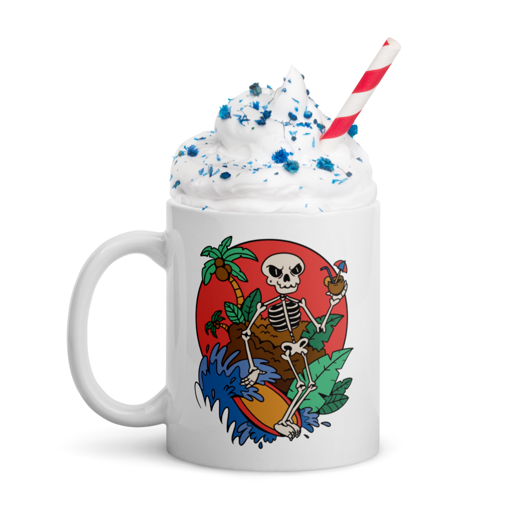 Glossy White Surfing Skull Mug