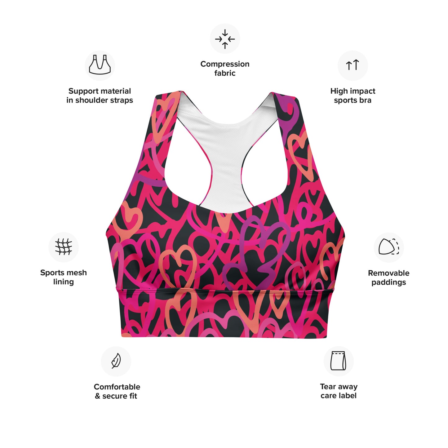 Recycled sports bra with high intensity hearts