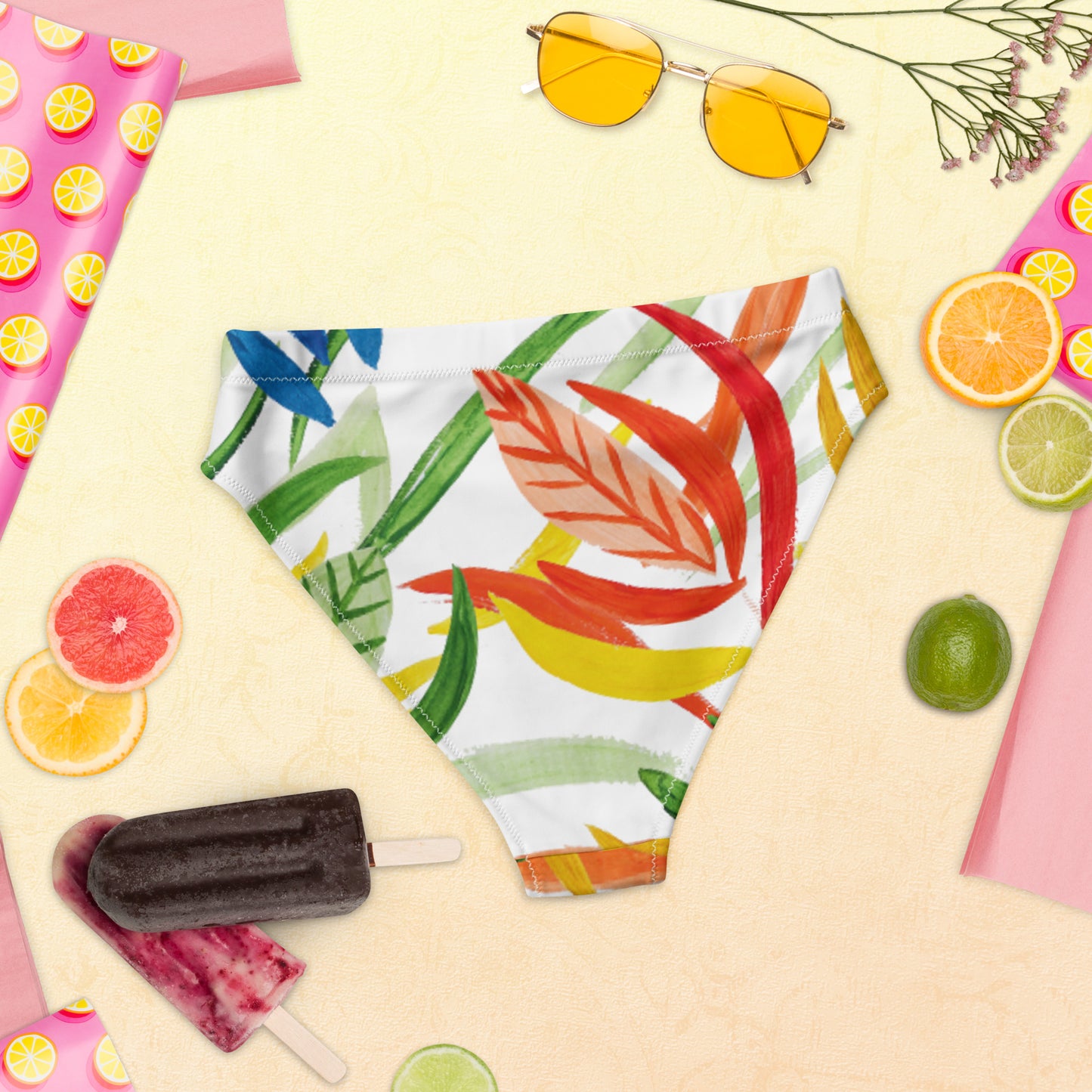 Recycled high-waisted bikini briefs with leaves