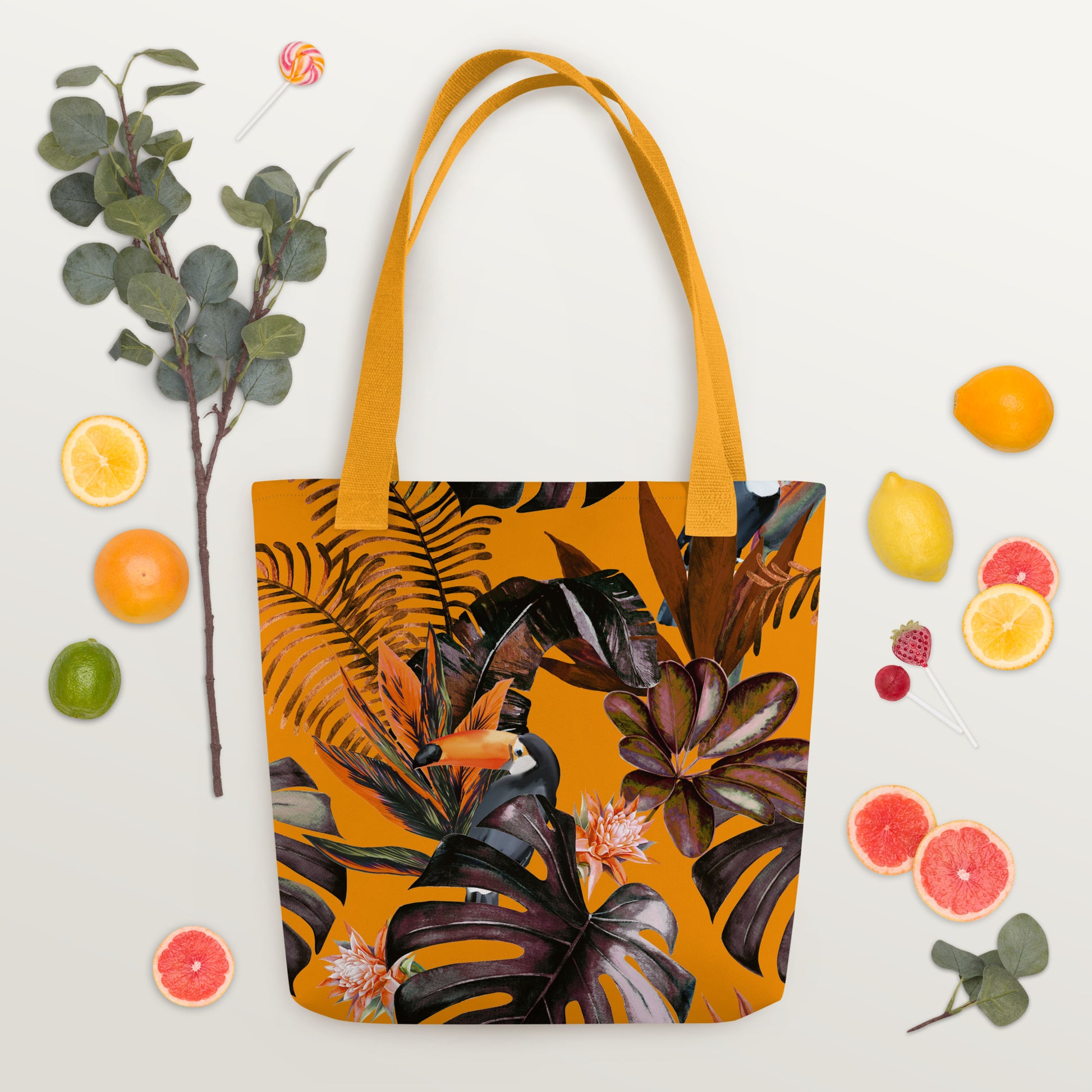 Bolso ecológico con asas de algodón natural y estampado tropical

