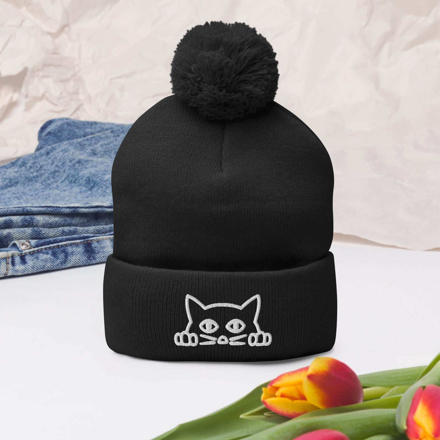 Embroidered hat with kitten pompom