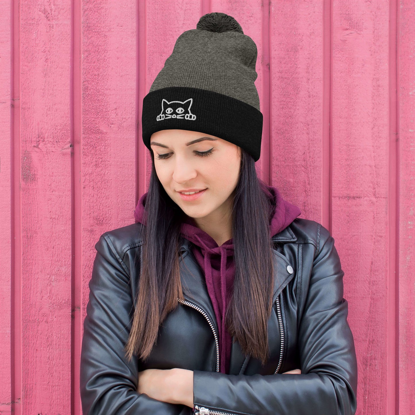 Embroidered hat with kitten pompom
