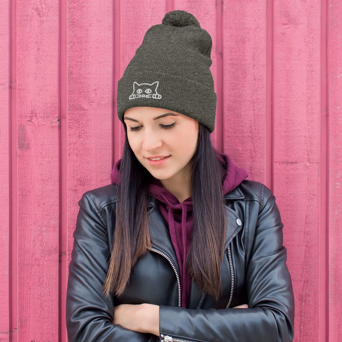 Embroidered hat with kitten pompom