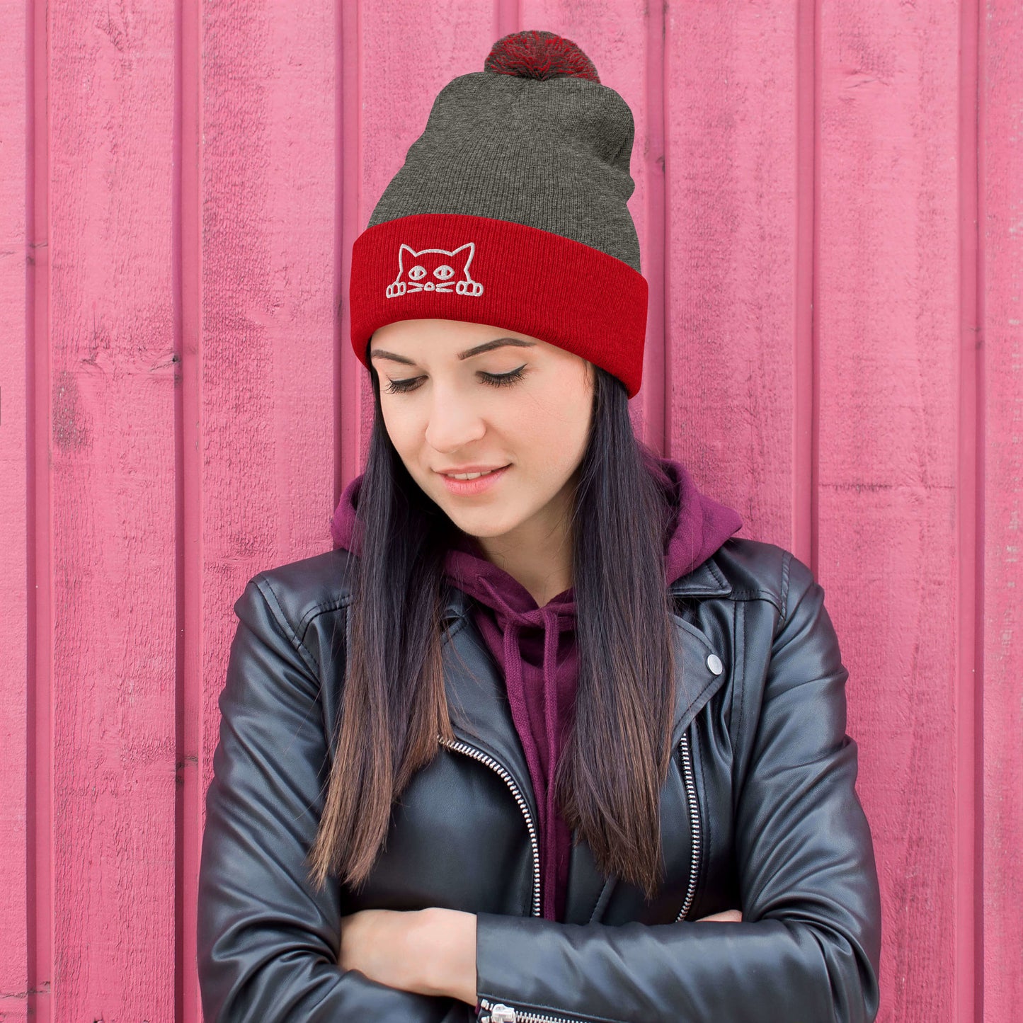 Embroidered hat with kitten pompom