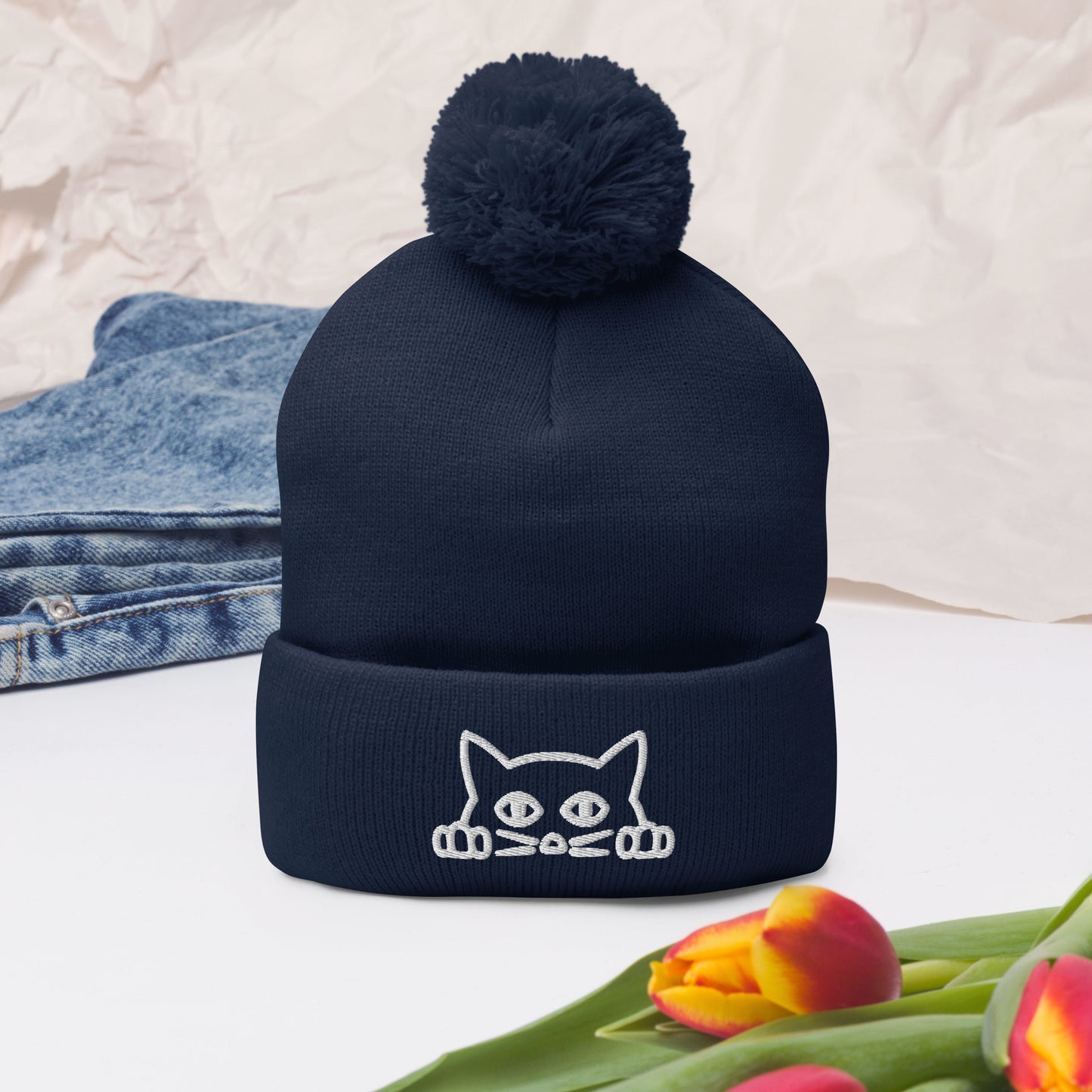 Embroidered hat with kitten pompom