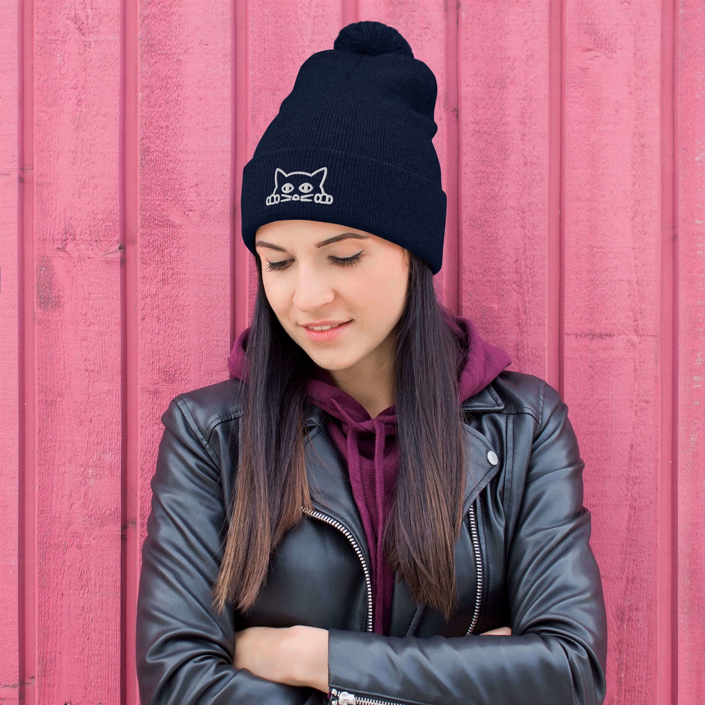 Embroidered hat with kitten pompom