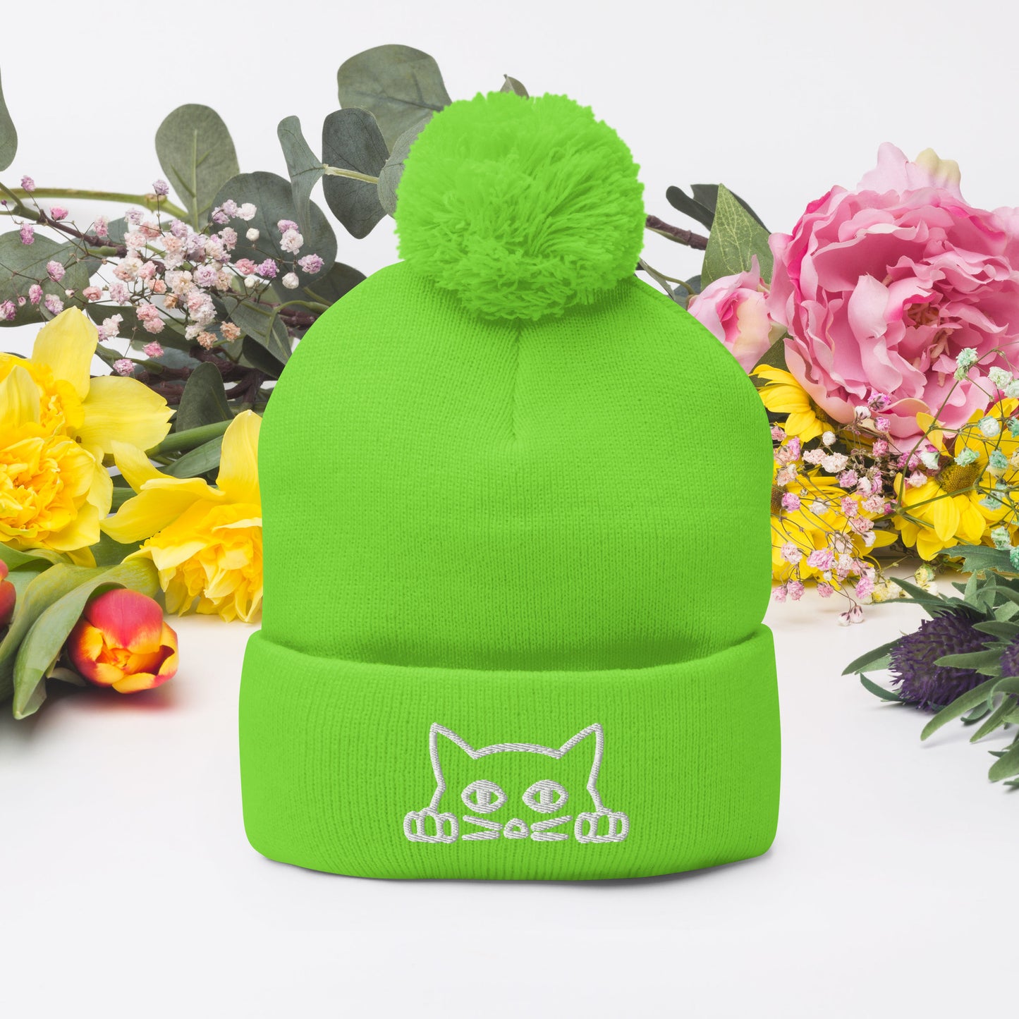 Embroidered hat with kitten pompom