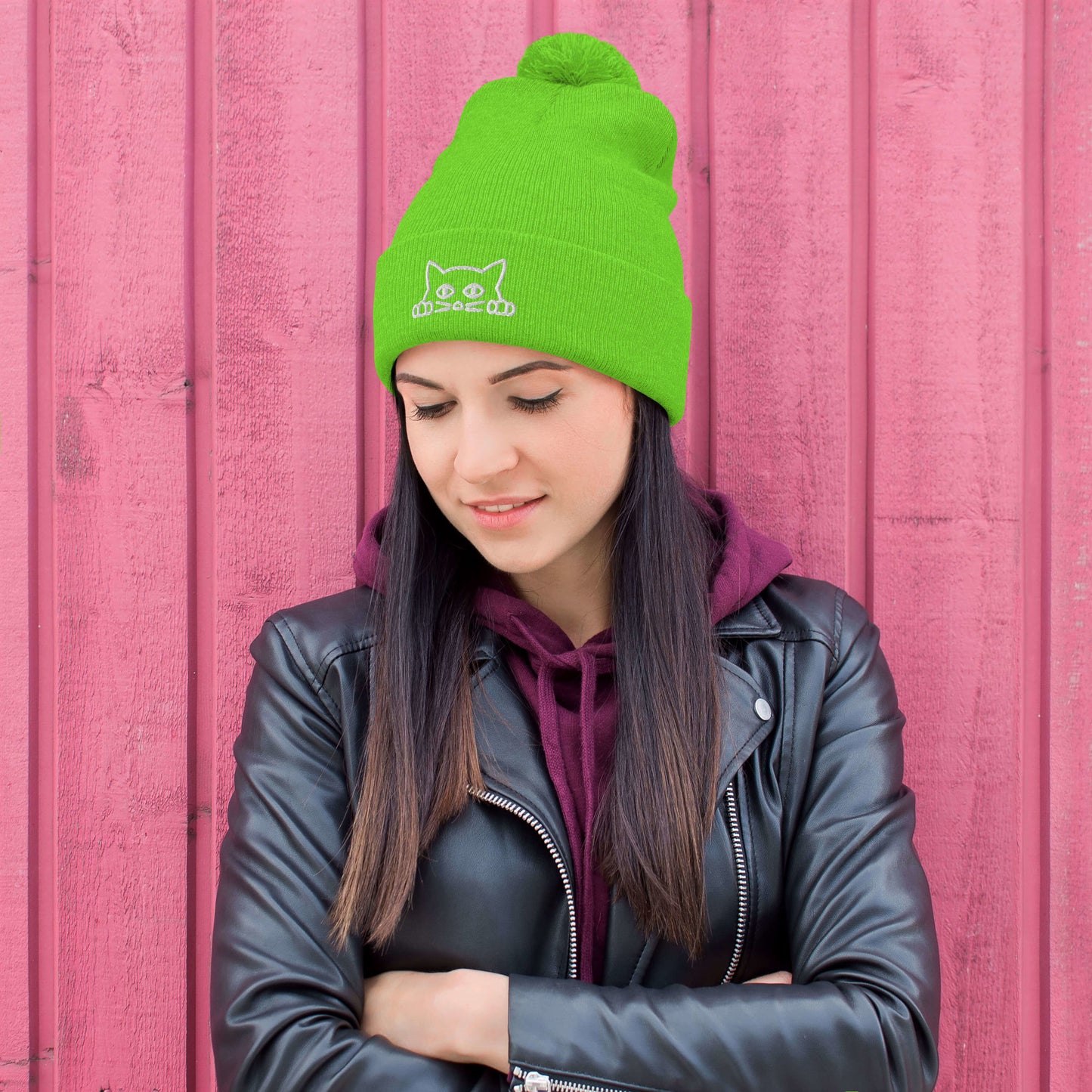 Embroidered hat with kitten pompom