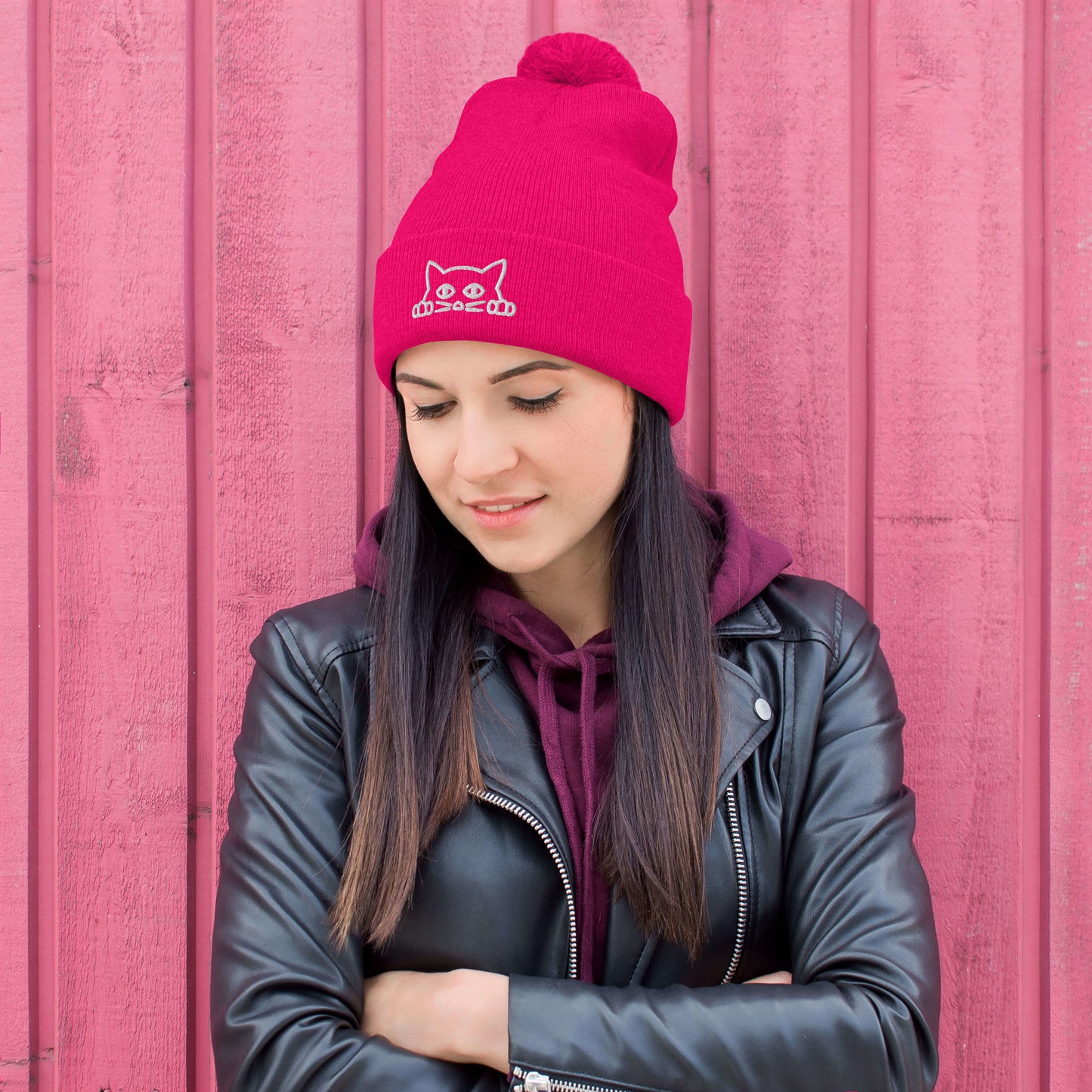 Embroidered hat with kitten pompom