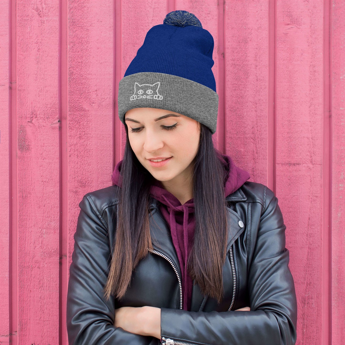 Embroidered hat with kitten pompom