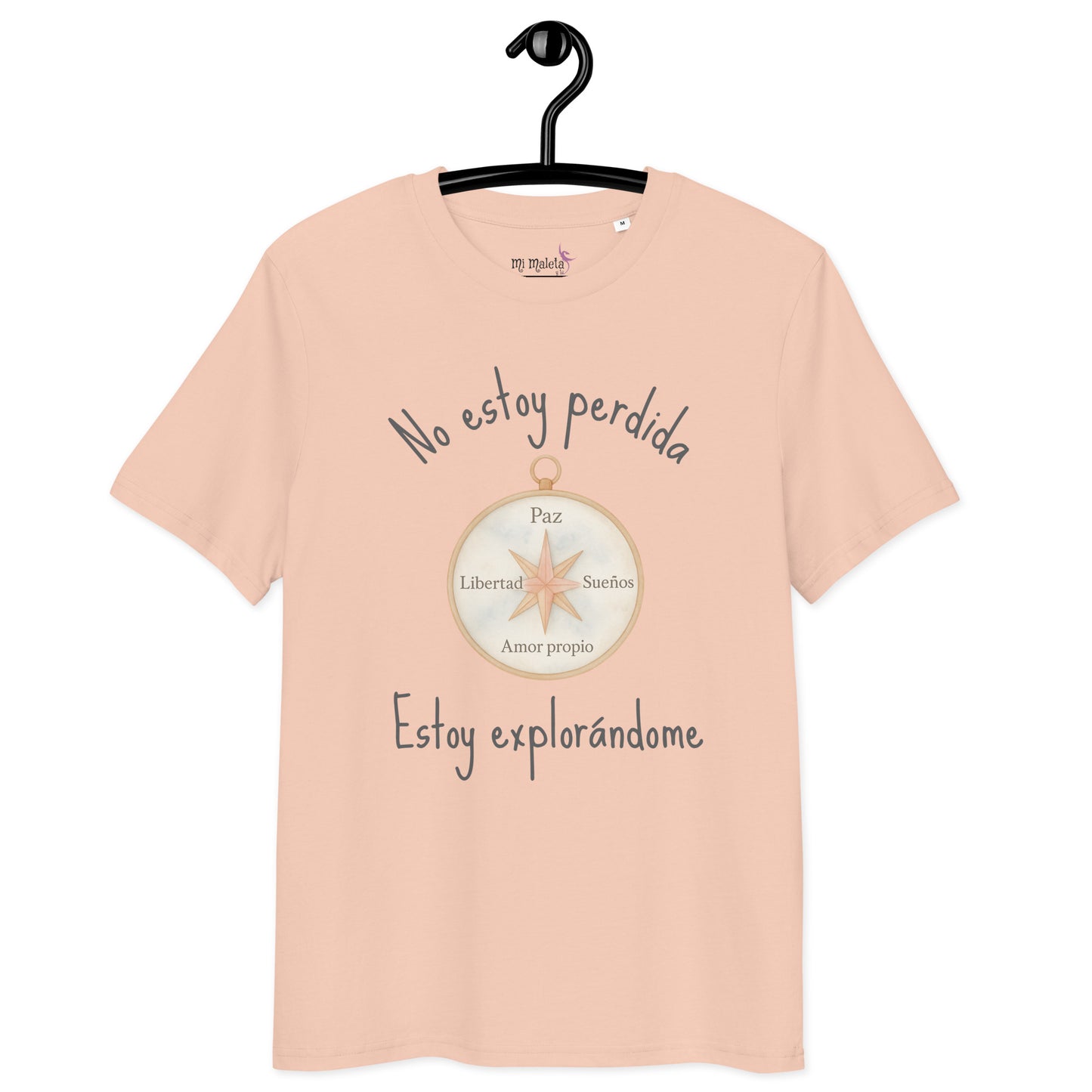 Camiseta orgánica melocotón suave “No estoy perdida, estoy explorándome” – Edición brújula