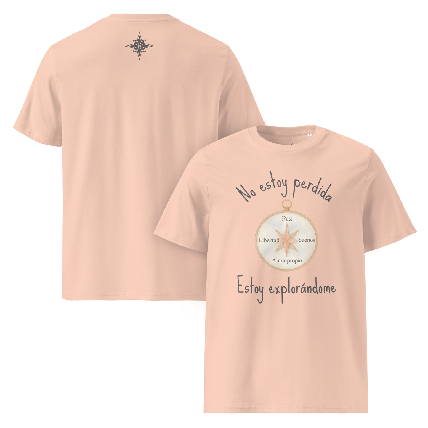 Camiseta algodón orgánico color melocotón suave con frase “No estoy perdida, estoy explorándome” y diseño de brújula con palabras paz, sueños, amor propio y libertad, de algodón orgánico Mi Maleta y Tú