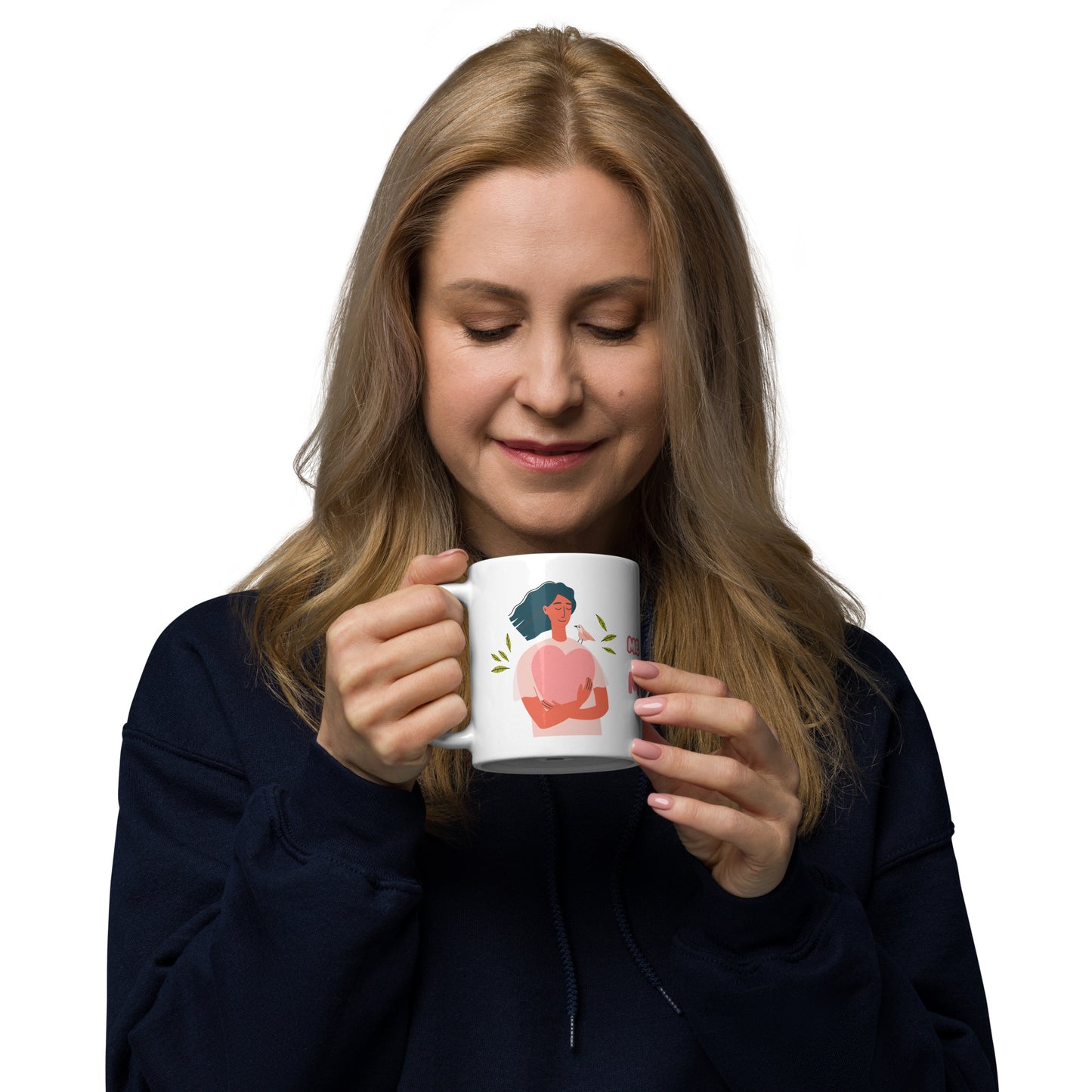 Glänzend weiße Tasse „I Love Me Much“.