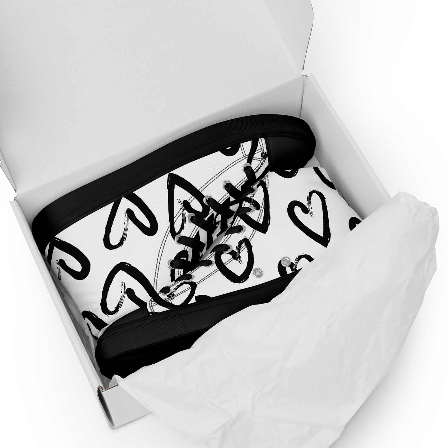 Women's high-top canvas sneakers with black toe hearts