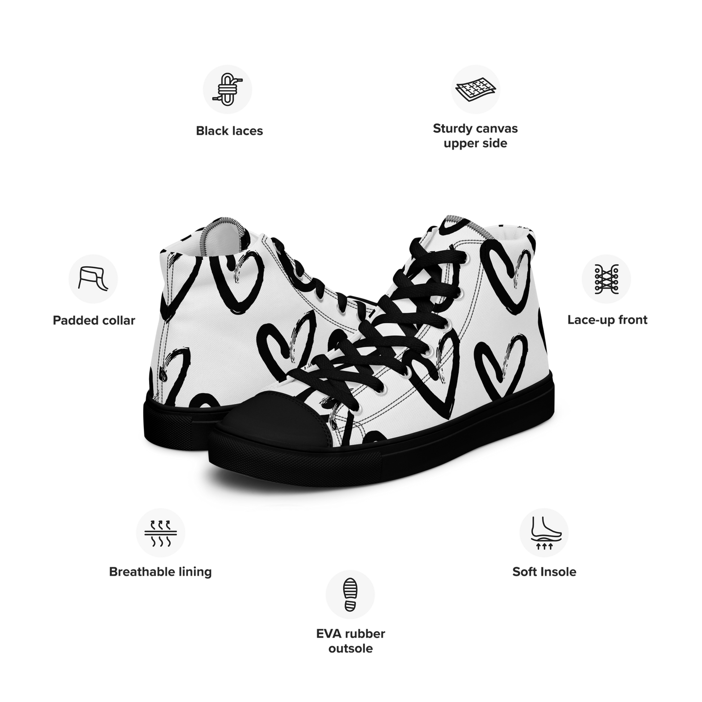 Women's high-top canvas sneakers with black toe hearts